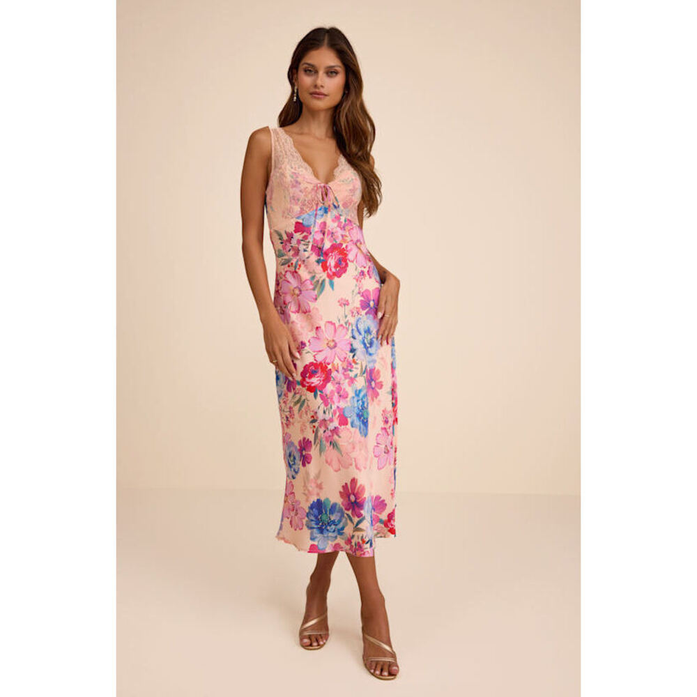 Lulus Jaylene Blush Multi Floral Lace Tie-front Midi Dress Pink - Size M